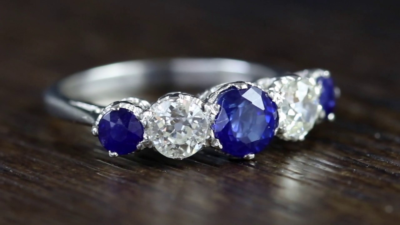 Antique Edwardian Sapphire Diamond Five Stone Ring Platinum Circa 1910