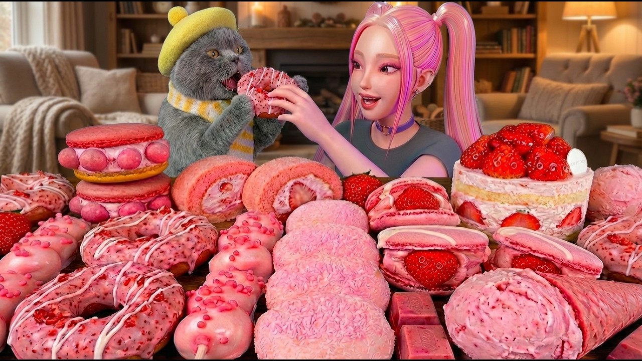 ASMR MUKBANG｜CHEF MEOW COOKING PINK DESSERT PARTY FOR MIRA | CHOCOLATE, ICE CREAM,HERSHEY,OREO,DONUT