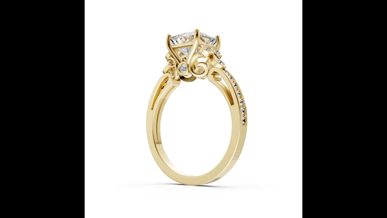 Princess Cut Diamond With Bezel Cluster & Scroll Gallery Ring