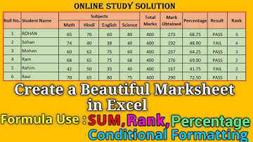 How to Create Beautiful Marksheet in Excel | formula | Conditional formatting, Rank, Percentage, SUM