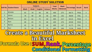 How to Create Beautiful Marksheet in Excel | formula | Conditional formatting, Rank, Percentage, SUM screenshot 4