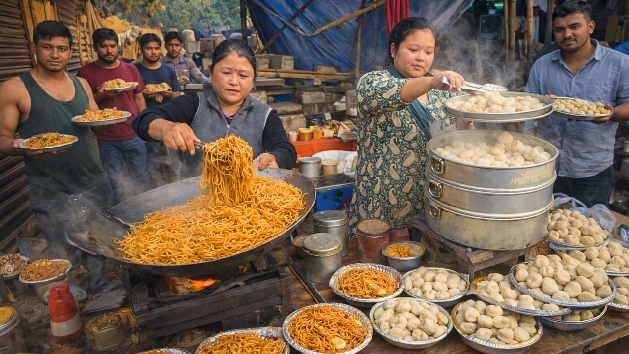 Mother & Daughter Running Roadside Street Noodles & Momos Stall