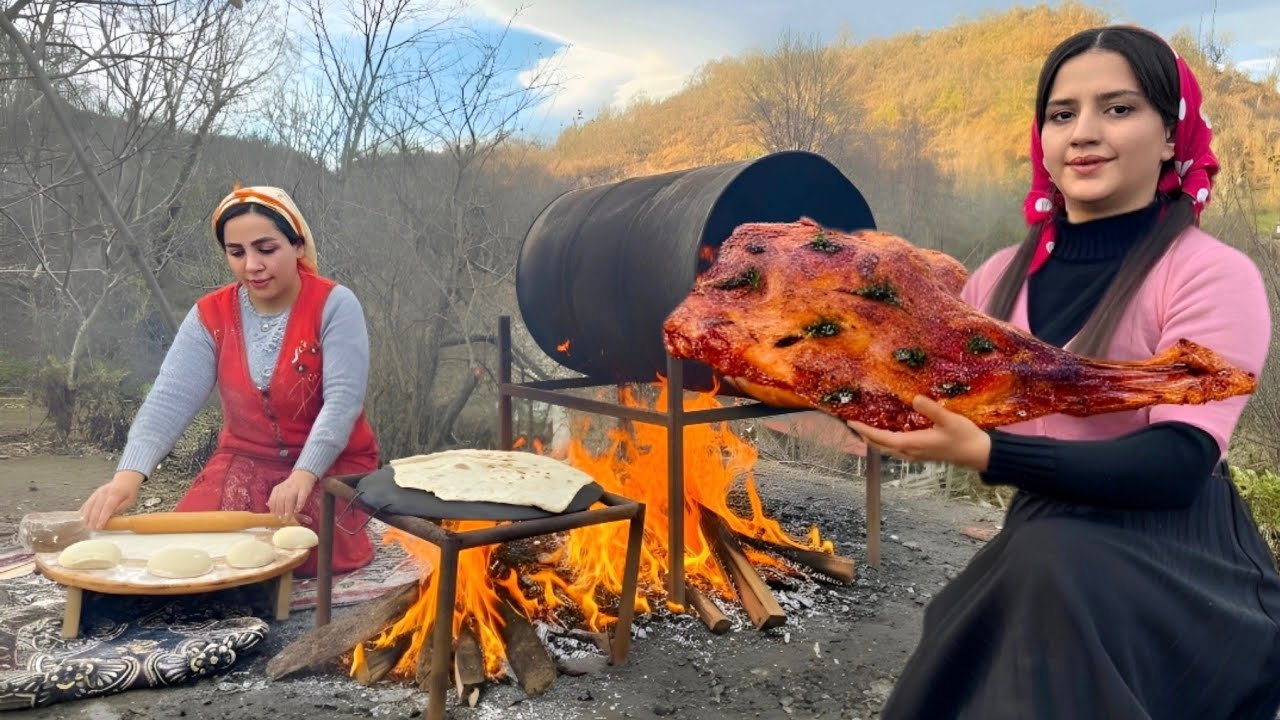 Grilled lamb leg in barrel and fresh bread