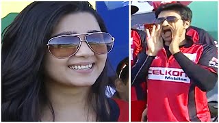 Charmy Kaur & Nikhil Siddharth Enjoying Telugu Warriors Against Bhojpuri Dabanggs