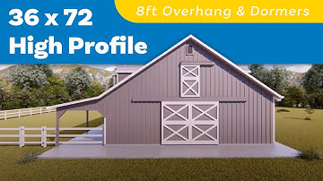 36x72 High Profile Barn 8ft Overhang & Dormers  - 3D Renderings