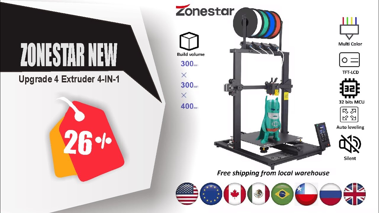 ZONESTAR New Upgrade 4 Extruder 4-IN-1-OUT Mix Multi Color Large Size High Precision Resolution 3D