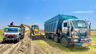 JCB 3dx Loading Mud in TATA 3525 Tipper TATA 2518 Mahindra NOVO 605 tractor DI 4x4 dump track