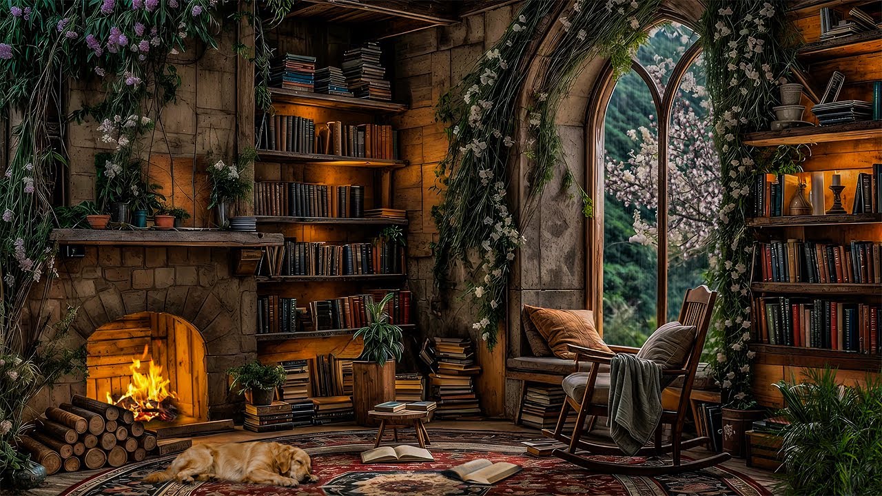 SPRING Rain Sounds for Instant Sleep🎧Cozy Reading Nook & Nighttime Serenity🔥Crackling Fire -Insomnia