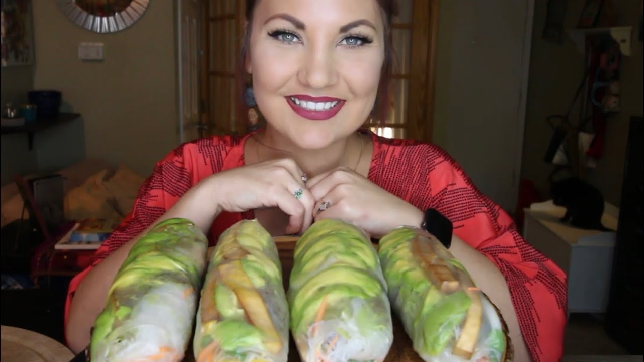 GIANT AVOCADO SPRING ROLLS & THAI PEANUT SAUCE MUKBANG