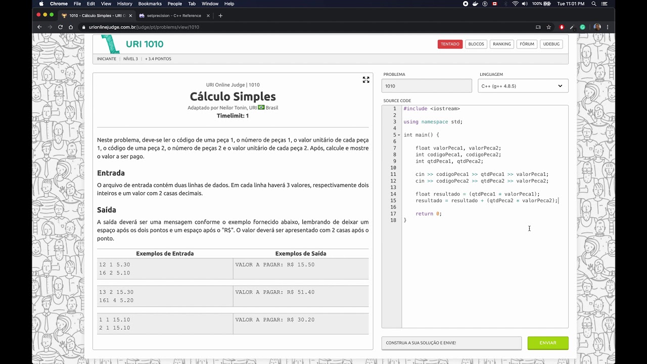Curso Lógica de programação - Exercício URI 1010 Cálculo Simples - YouTube