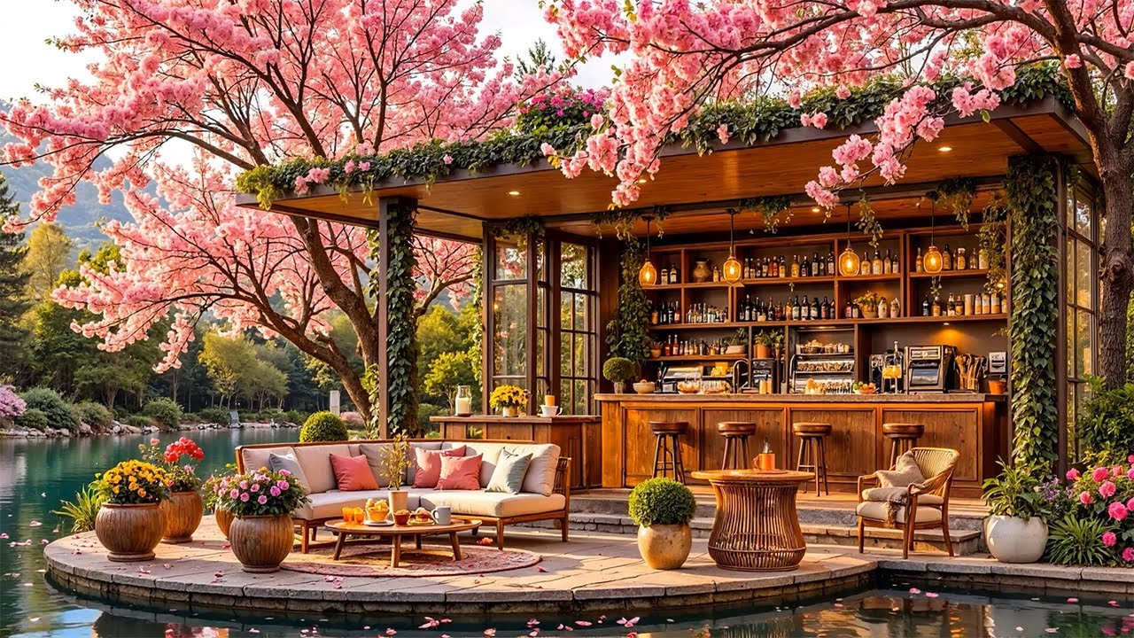 Relaxing Spring Jazz Music - Cozy Porch Cafe Ambience in Lakeside For Working, Studying
