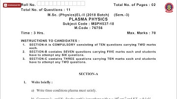 MSC 3RD SEM PHYSICS PLASMA PHYSICS NOV 2019 | PTU