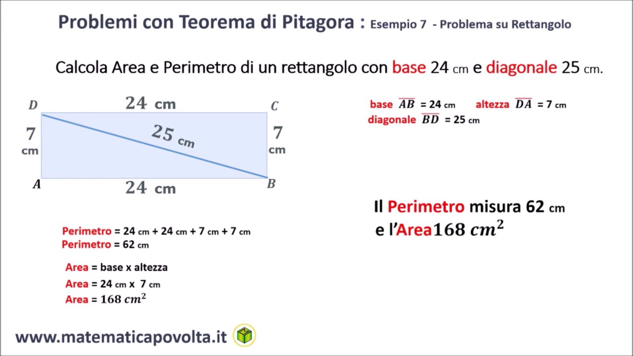 Teorema Di Pitagora Esempio 7 Area E Perimetro Rettangolo Youtube