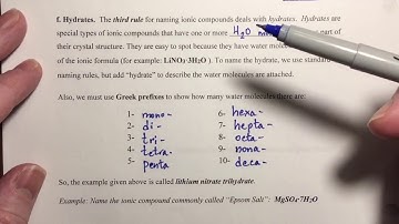 Ch4 Video 8 -- Nomenclature of Ionic Compounds, Part E -- Hydrates (6m32s)