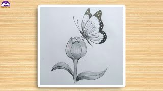 How to draw a butterfly on a flower | easy butterfly pencil drawing