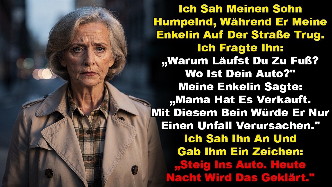 Unter der Mittagssonne sah ich meinen Sohn Jonas auf der Landstraße hinken, meine kleine Enkelin auf dem Arm. Ich bremste und fragte, wo sein Auto sei. Da beugte sich Lena zu mir und flüsterte:...