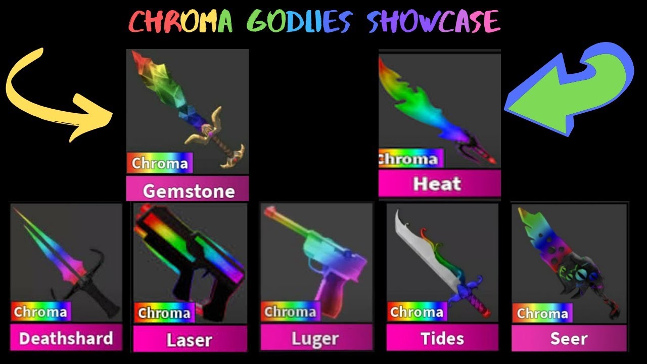 Chroma Godlies Showcase In Roblox Mm2 Chroma Luger Chroma Laser Chroma Shark Chroma Heat Youtube