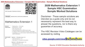 2020 Maths Extension 1 Sample HSC exam paper complete worked solutions