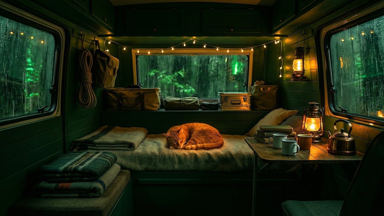 Cozy Rain & Thunder in Camper Van ⛈️ 24/7 Live 4K Sleep Sounds, Relaxing White Noise & Stress Relief