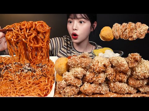 SUB)カリカリのニンニクチキンとプルダックポックンミョンのモッパン！チーズボールまで mukbang Asmr