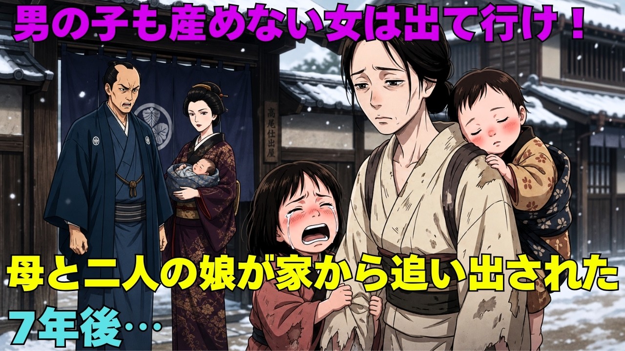 風の吹く夕暮れ、私は幼い娘三人を連れて、夫の家の門前に立っていた。中からは、新しい男の子の誕生を祝う笑い声が聞こえてくる。夫は目を合わせようともせず、私にこう告げた。「お前たちの居場所はない」。着の身着のまま、何ひとつ持たせてもらえず、針箱の底に残った一本の赤い糸だけが、私の唯一の持ち物だった。七年前、彼は私の織る布を誰よりも褒めてくれた。その男が今、私を追い出す。私は娘たちの手を握り、暗い...
