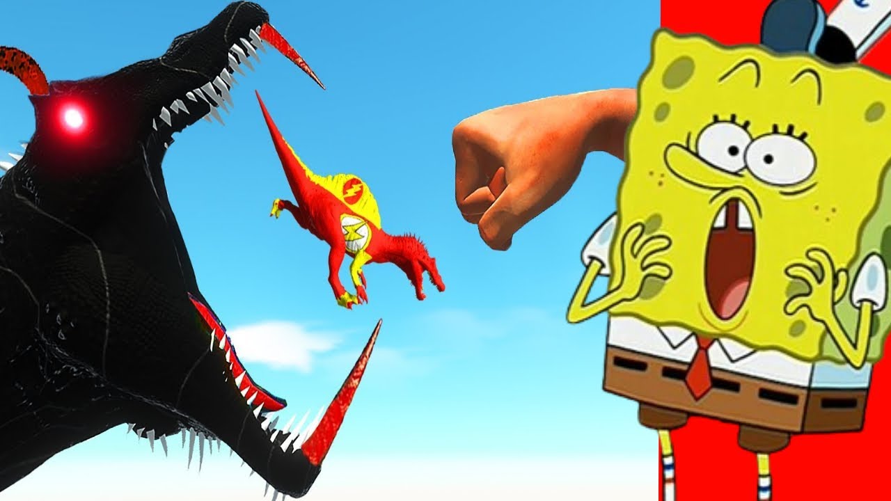 SpongeBob Reacts to EPIC PUNCH vs Black Spinosaurus in Animal Revolt Battle Simulator!