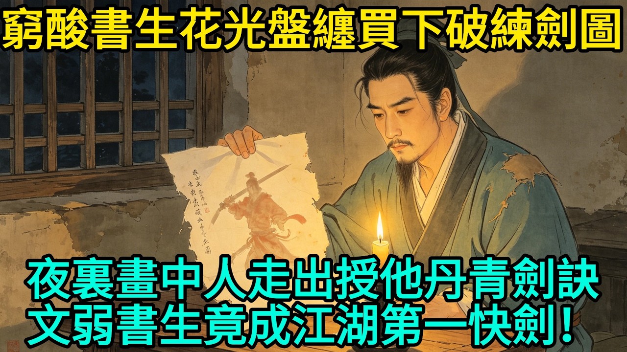 窮酸書生花光盤纏買下將被燒毀的殘破練劍圖，夜裏畫中人提劍走出，授他「丹青劍訣」，文弱書生竟成江湖第一快劍！#民間故事 #故事頻道 #感人故事 #情感