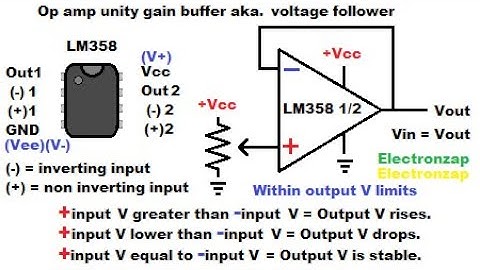 Operational amplifier voltage follower aka unity gain buffer circuit using LM358 op amp IC