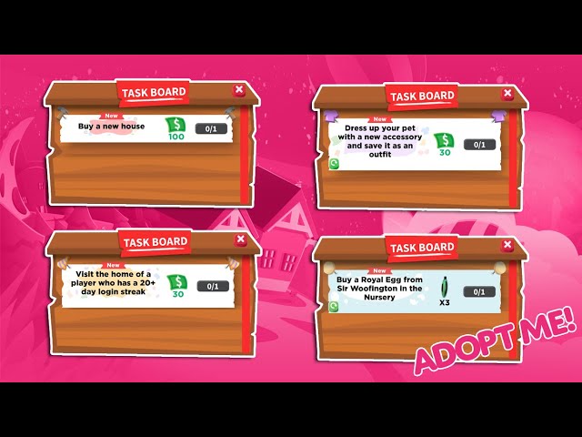 Adopt Me! on X: 📋 Taskboard update! 📋 ✓ Complete new daily tasks for  rewards! 🌈 Exclusive pet and item rewards for completing difficult tasks!  🤠 Play to unlock different tasks! More