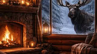 Cozy Cabin Fireplace Moose At The Window Winter Ambience