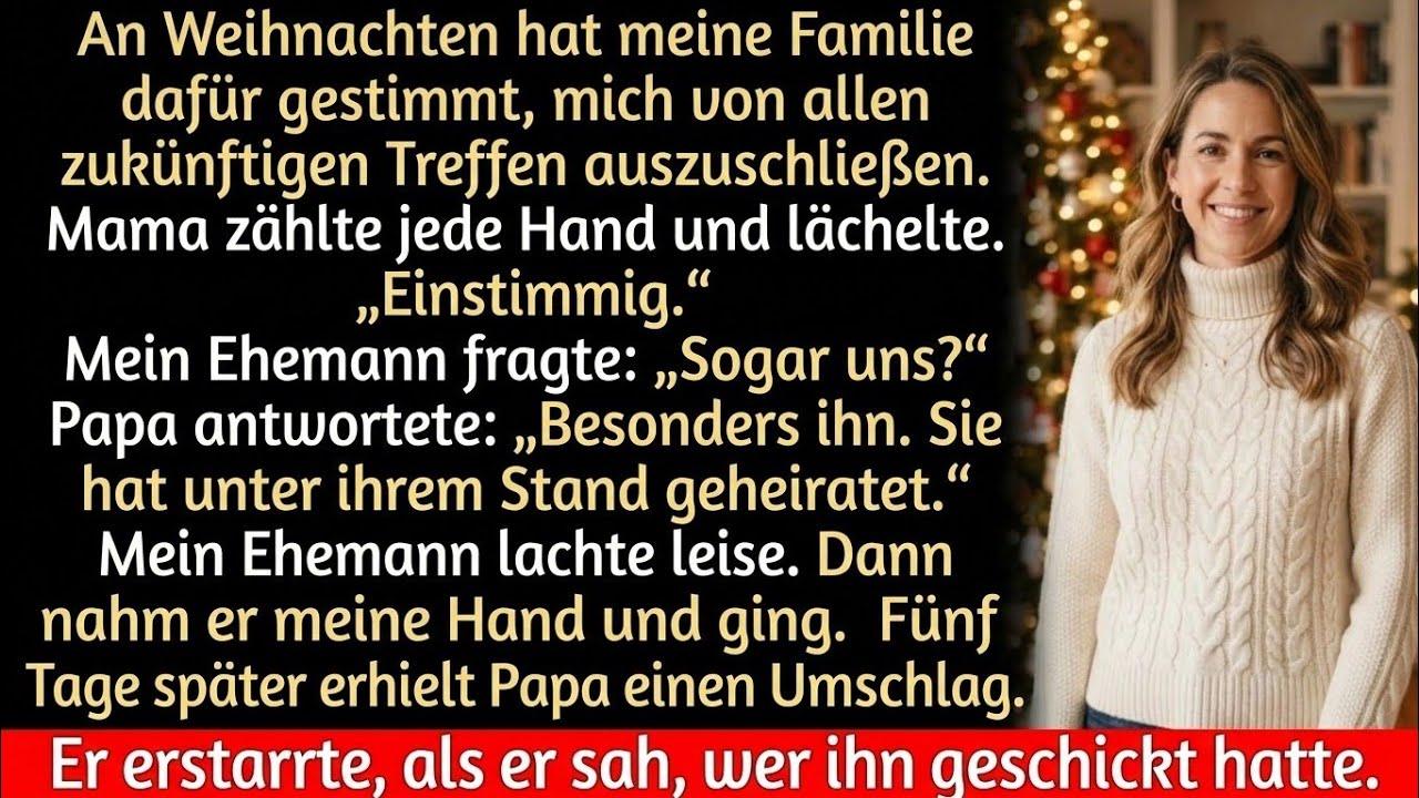 Meine Mutter räusperte sich am Kamin, hielt eine kleine Karte in der Hand und sah mich direkt an. „Die Familie hat eine Entscheidung getroffen“, sagte sie. „Du bist bei künftigen Treffen nicht...