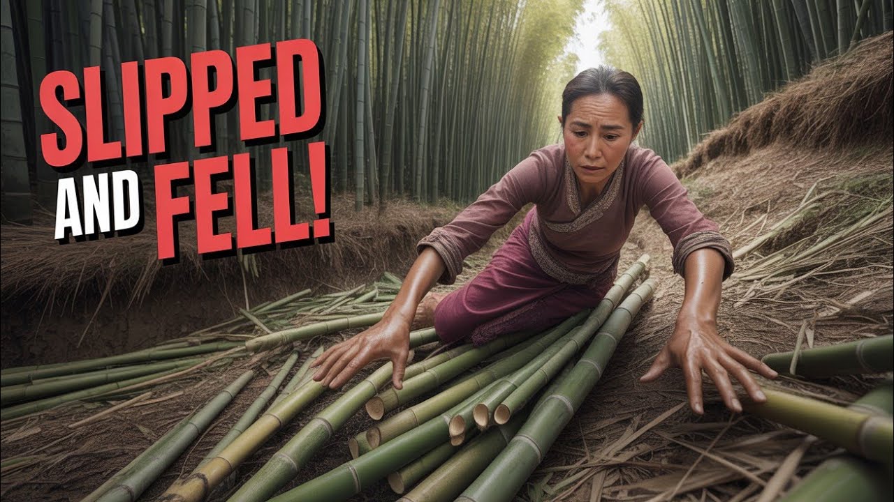 Single mother harvesting bamboo shoots to make dried bamboo shoots - unfortunately slipped and fell
