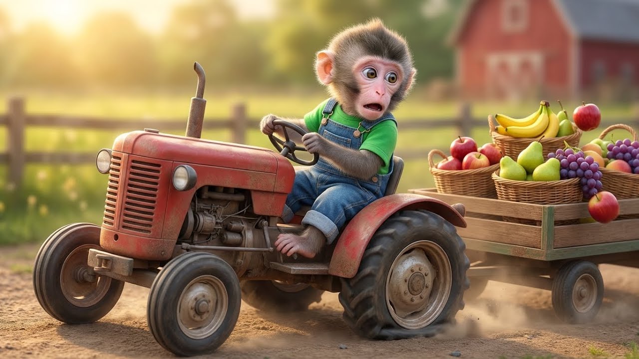 Baby Monkey’s Fruit Tractor Trouble! Flat Tire on the Farm Road! 🐒🚜🍎