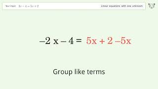 Linear equation with one unknown: Solve 3x-4=5x+2 step-by-step solution