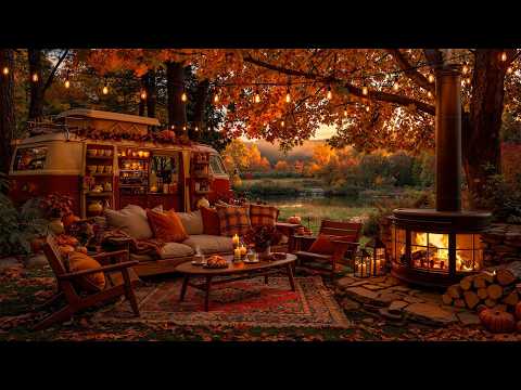 🍂 A Cozy Hidden Nook in the Fall Forest 🍁 Gentle Jazz Music & Fireplace Sounds for Reading, Relaxing