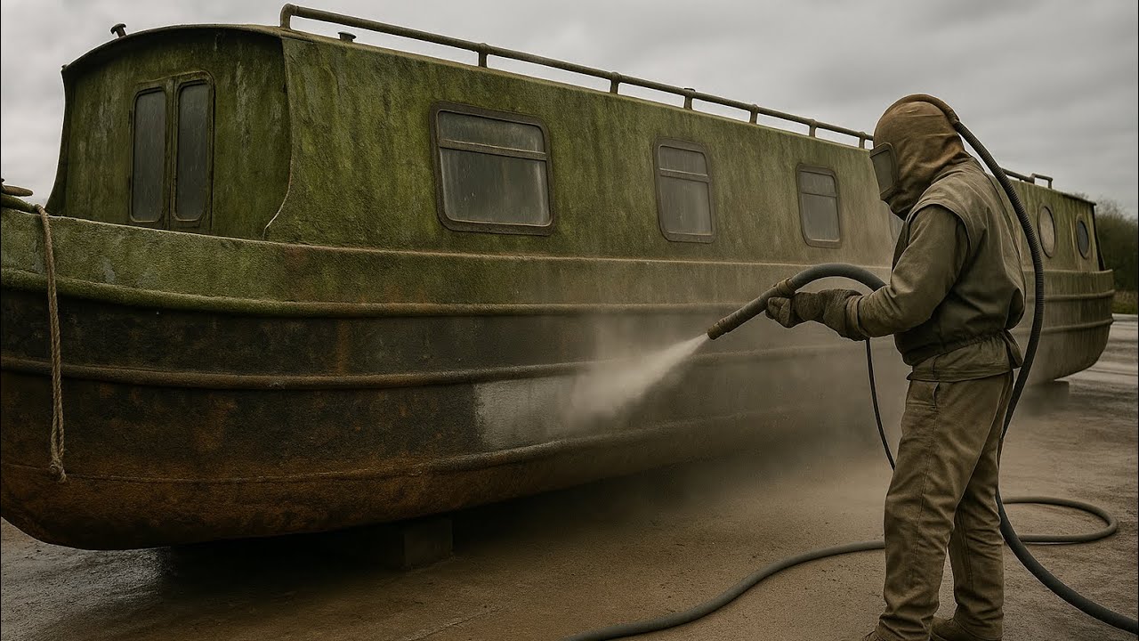 Sandblasting the hull of a wide beam canal house boat