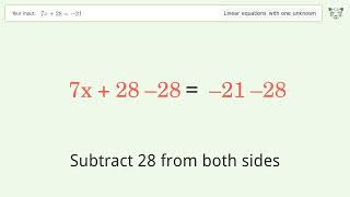 Solve 7x+28=-21: Linear Equation Video Solution | Tiger Algebra
