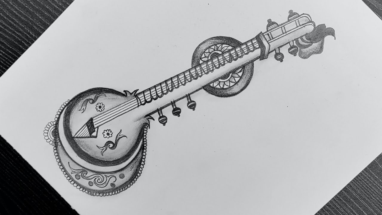 How To Draw Veena Step By Step // Veena Drawing For Basant Panchami