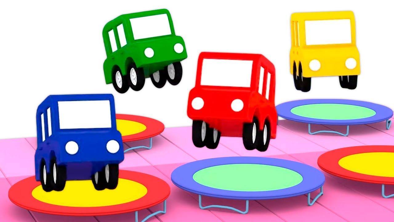 Nova pista de corrida. 4 carros coloridos. Animação infantil