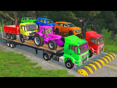 Triple Flatbed Trailer McQueen Transportation with Truck - Speedbumps vs Cars vs Train - BeamNG #33