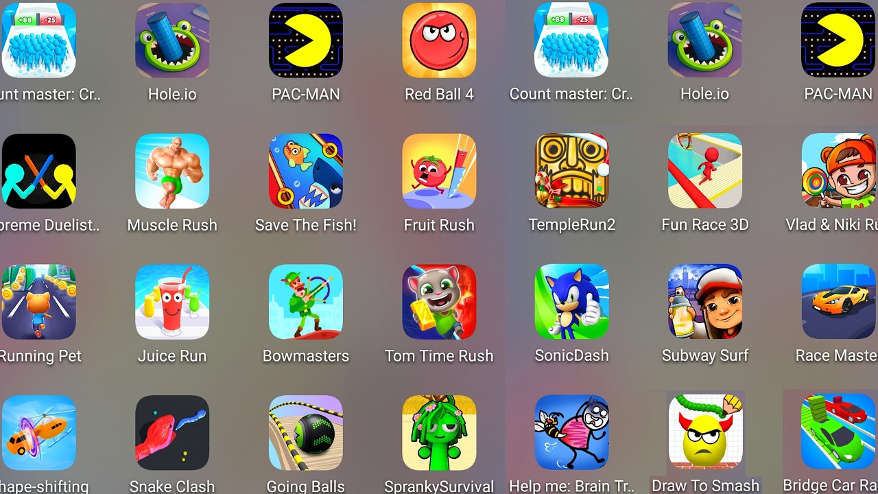 Hole.io,Spranky Survival,Count Master 3D,Subway Surf,Tom Time Rush,Bridge Car Race,Snake Clash......