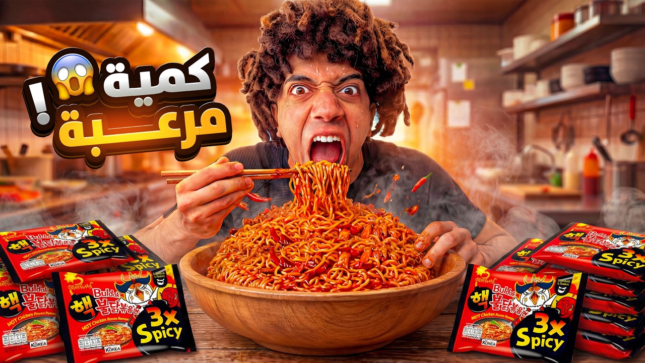 تحدي اكبر كمية اندومي كوري حار 3X  في العالم 🤯🔥 والعقاب ! 😱 ( مؤثر ) 💔😭