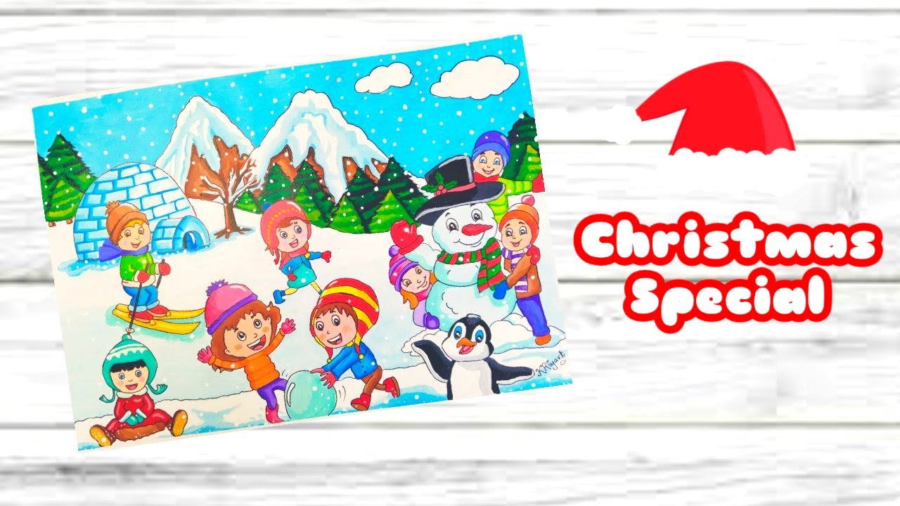 Christmas painting tutorial acrylic beginners | Winter landscape drawing | KRiyart