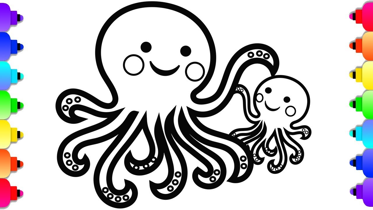 GLITTER Octopus Daddy and Baby Coloring and Drawing for Kids 🌊🌈🌴💜  Octopus Coloring Page