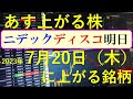 あす上がる株　2023年７月２０日（木）に上がる銘柄　～日本株での株式投資のお話です。最新の半導体関連銘柄と生成AI株、商社株～　ニデックとディスコが明日決算。