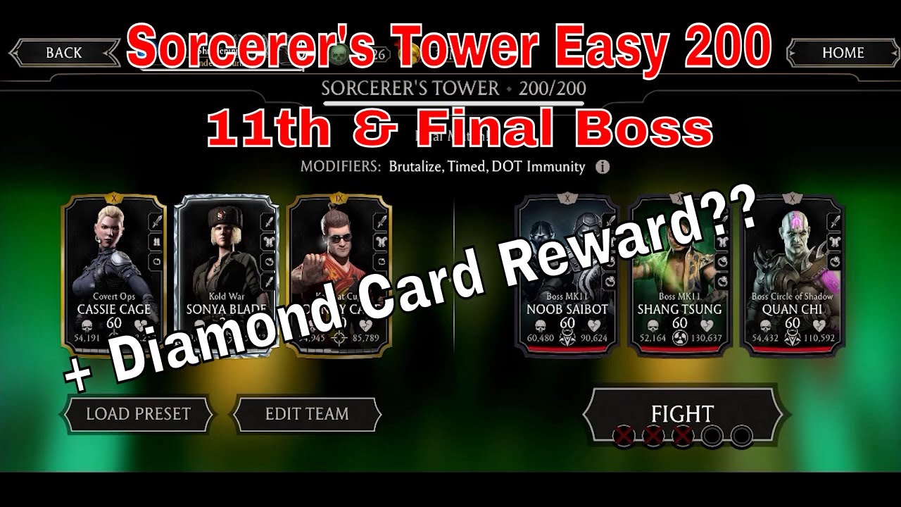 MK11 Mobile Sorcerer's Tower Easy | Tower 200 11th & Final Boss + Diamond Card Reward |