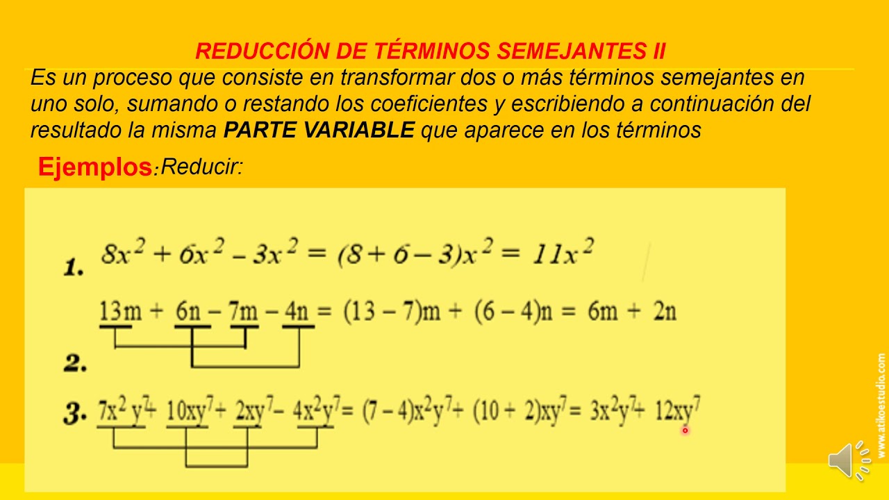 ALGEBRA REDUCCIÓN DE TÉRMINOS SEMEJANTES II YouTube