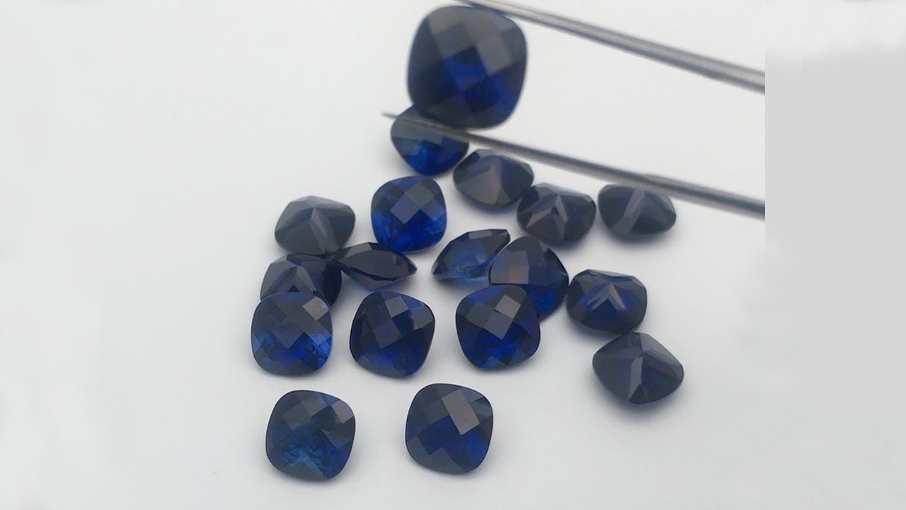 Created Blue Sapphire cushion checkerboard top cut gemstones wholesale