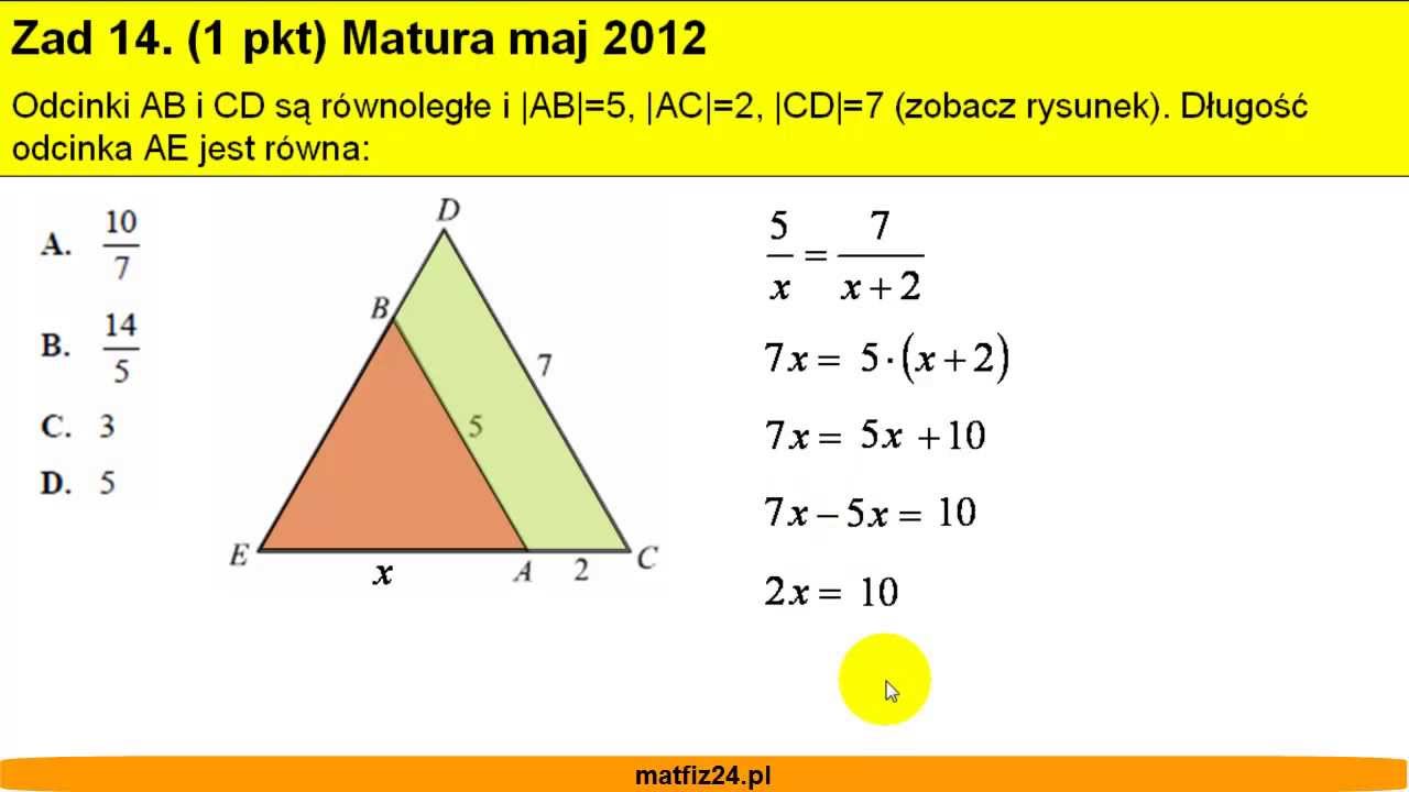 Matura z matematyki maj 2012 - zad 14 - Trójkąty podobne - Matfiz24.pl