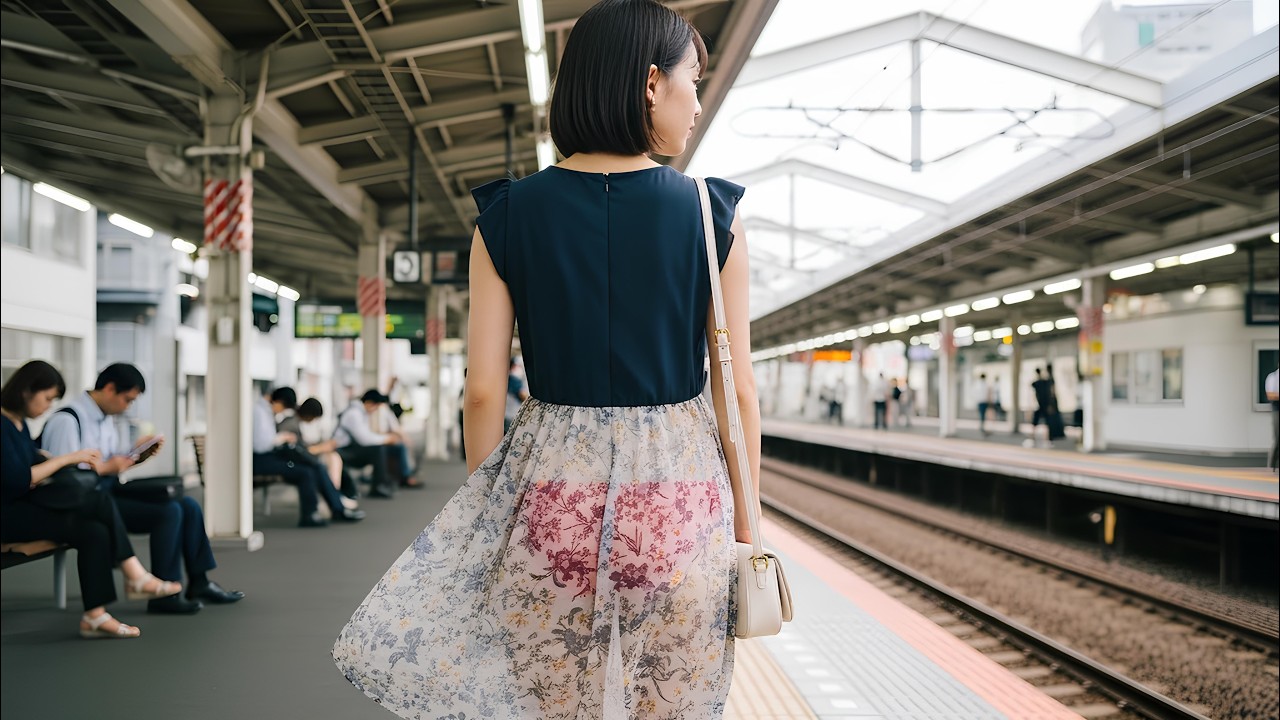 Вид со спины – ее силуэт, идущий по перрону в юбке.